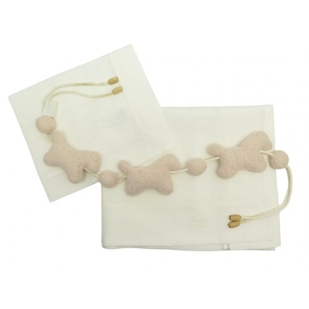 NEUF PARURE DE BERCEAU HERMES DRAP TAIE OREILLER CHEVAL A BASCULE MOBILE MOUTONS