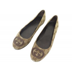 CHAUSSURES GUCCI BALLERINES 184887 TOILE GG SUPREME 35.5 36.5 FR FLAT SHOES 795€