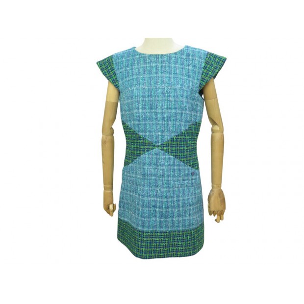 ROBE CHANEL SANS MANCHE P58792V44482 M 40 EN TWEED TURQUOISE DRESS 4900€
