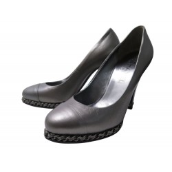 CHAUSSURES CHANEL G27765 ESCARPINS CHAINE 37.5 EN CUIR ARGENTE PUMP SHOES 1400€