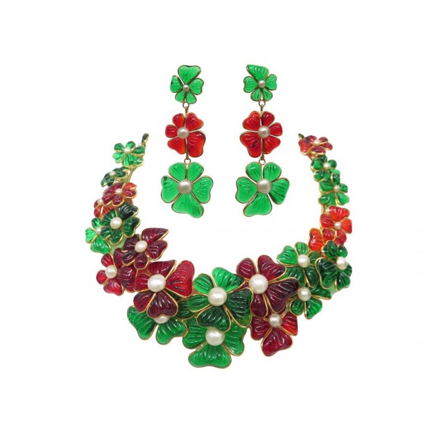 NEUF PARURE COLLIER BOUCLES D'OREILLE AUGUSTINE PARIS GRIPOIX CAMELIA PATE VERRE