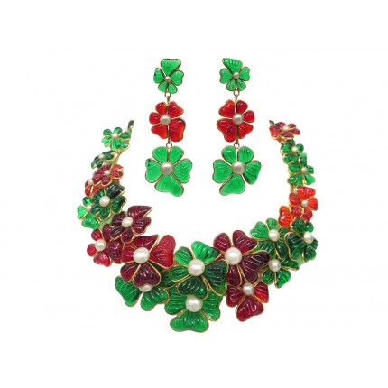 NEUF PARURE COLLIER BOUCLES D'OREILLE AUGUSTINE PARIS GRIPOIX CAMELIA PATE VERRE