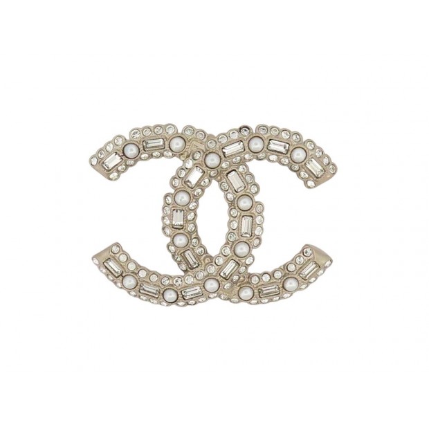 NEUF BROCHE CHANEL LOGO CC STRASS & PERLES EN METAL DORE NEW GOLDEN BROOCH 680€