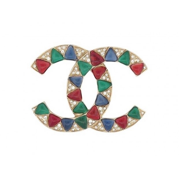 NEUF BROCHE CHANEL EGYPTE LOGO CC STRASS PATE DE VERRE EN METAL DORE BROOCH 750€