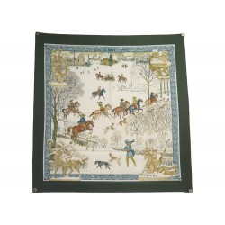 VINTAGE FOULARD HERMES L'HIVER PHILIPPE LEDOUX CARRE 90 VERT EN SOIE SCARF 530€
