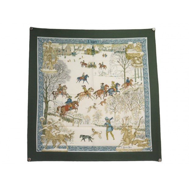 VINTAGE FOULARD HERMES L'HIVER PHILIPPE LEDOUX CARRE 90 VERT EN SOIE SCARF 530€