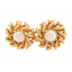 VINTAGE BOUCLES D'OREILLES CHANEL RONDES A CLIPS PERLES METAL DORE 1993 EARRINGS