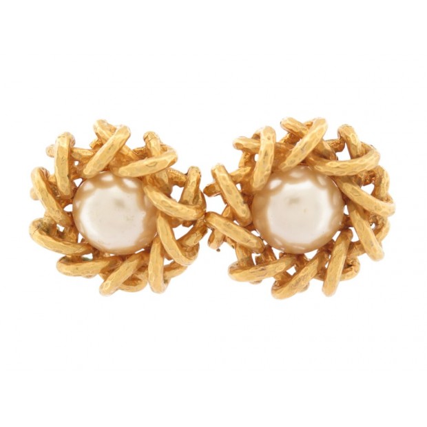 VINTAGE BOUCLES D'OREILLES CHANEL RONDES A CLIPS PERLES METAL DORE 1993 EARRINGS