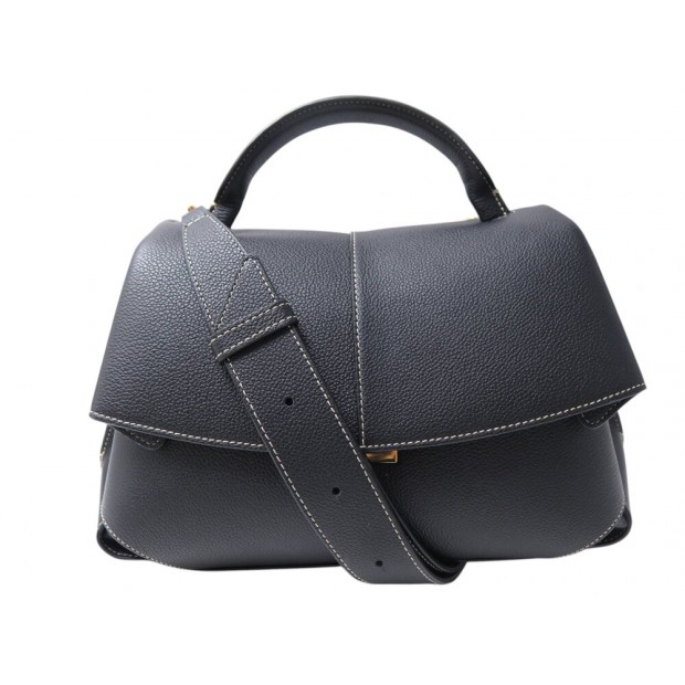 NEUF SAC A MAIN POLENE MOKKI CUIR NOIR GRAINE COUTURES ECRUES BANDOULIERE 540€