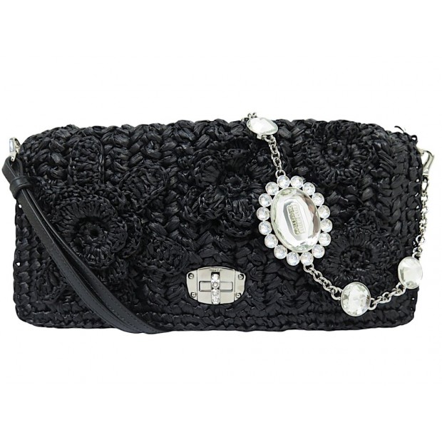 NEUF SAC A MAIN MIU MIU 5BD233 CRYSTAL RAPHIA NOIR FLEURS CROSSBODY PURSE 1900€