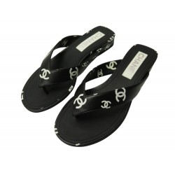 NEUF CHAUSSURES CHANEL G38978 TONGS LOCO EN CUIR NOIR SANDALES NEW SHOES 800€