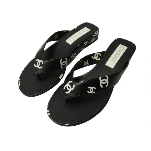 NEUF CHAUSSURES CHANEL G38978 TONGS LOCO EN CUIR NOIR SANDALES NEW SHOES 800€
