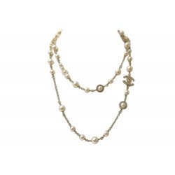 NEUF SAUTOIR COLLIER CHANEL PERLES FLEURS LOGO CC STRASS EN METAL DORE NECKLACE