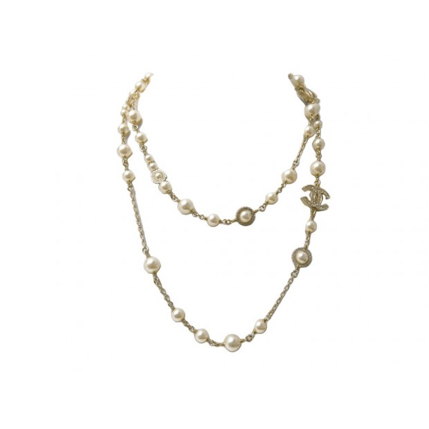 NEUF SAUTOIR COLLIER CHANEL PERLES FLEURS LOGO CC STRASS EN METAL DORE NECKLACE