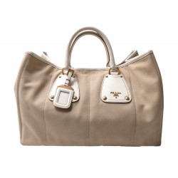 SAC A MAIN PRADA CABAS BN1283 EN TOILE BEIGE ET CUIR BLANC TOTE HAND BAG 1900€