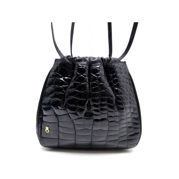 VINTAGE SAC A MAIN FRED POCHETTE EN CUIR CROCODILE NOIR BANDOULIERE CLUTCH BAG