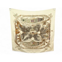FOULARD HERMES TERRES PRECIEUSES ANNIE FAIVRE CARRE 90 EN SOIE BEIGE SCARF 530€