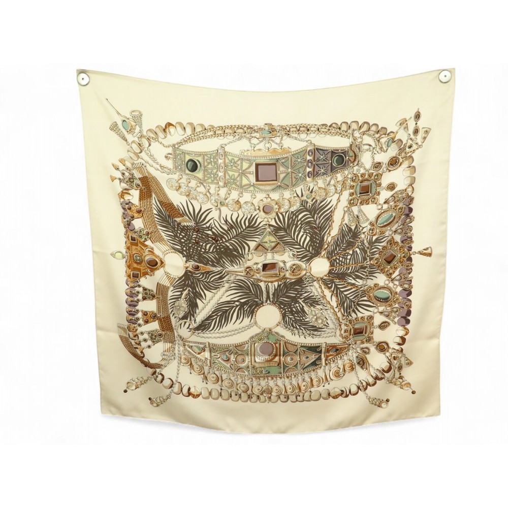 FOULARD HERMES TERRES PRECIEUSES ANNIE FAIVRE CARRE 90 EN SOIE BEIGE SCARF 530€