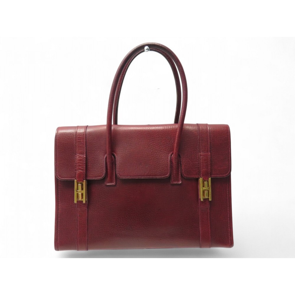 VINTAGE SAC A MAIN HERMES DRAG CUIR GRAINE ROUGE BORDEAUX 1970'S LEATHER HANDBAG