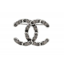 NEUF BROCHE CHANEL LOGO CC METAL CHAINE ENTRELACEE RUTHENIUM STEEL BROOCH NEW