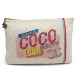 TROUSSE CHANEL GRANDE POCHETTE COCO CUBA LIBRE 2017 TOILE CREME POUCH BAG 1400€