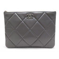 NEUF SAC POCHETTE CHANEL O CASE 19 CUIR GRIS MATELASSE GREY CLUTCH BAG NEW 1600€