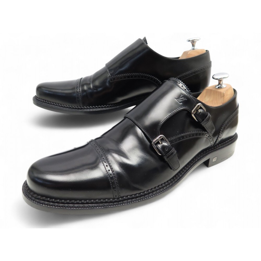CHAUSSURES LOUIS VUITTON MOCASSIN BI BOUCLE 9.5 43.5 CUIR VERNI NOIR SHOES 950€