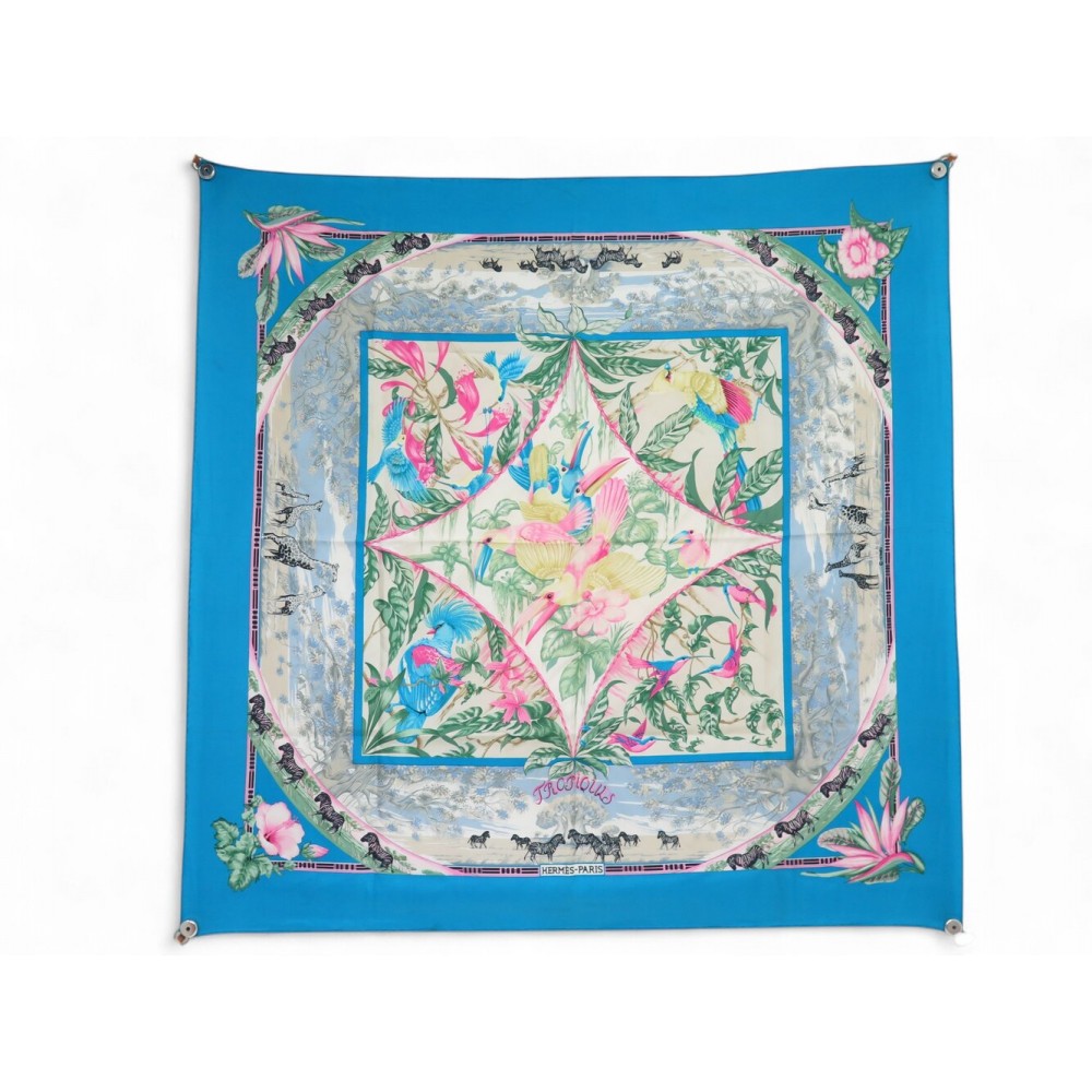 FOULARD HERMES TROPIQUES LAURENCE BOURTHOUMIEUX CARRE 90 SOIE BLEU SCARF 530€