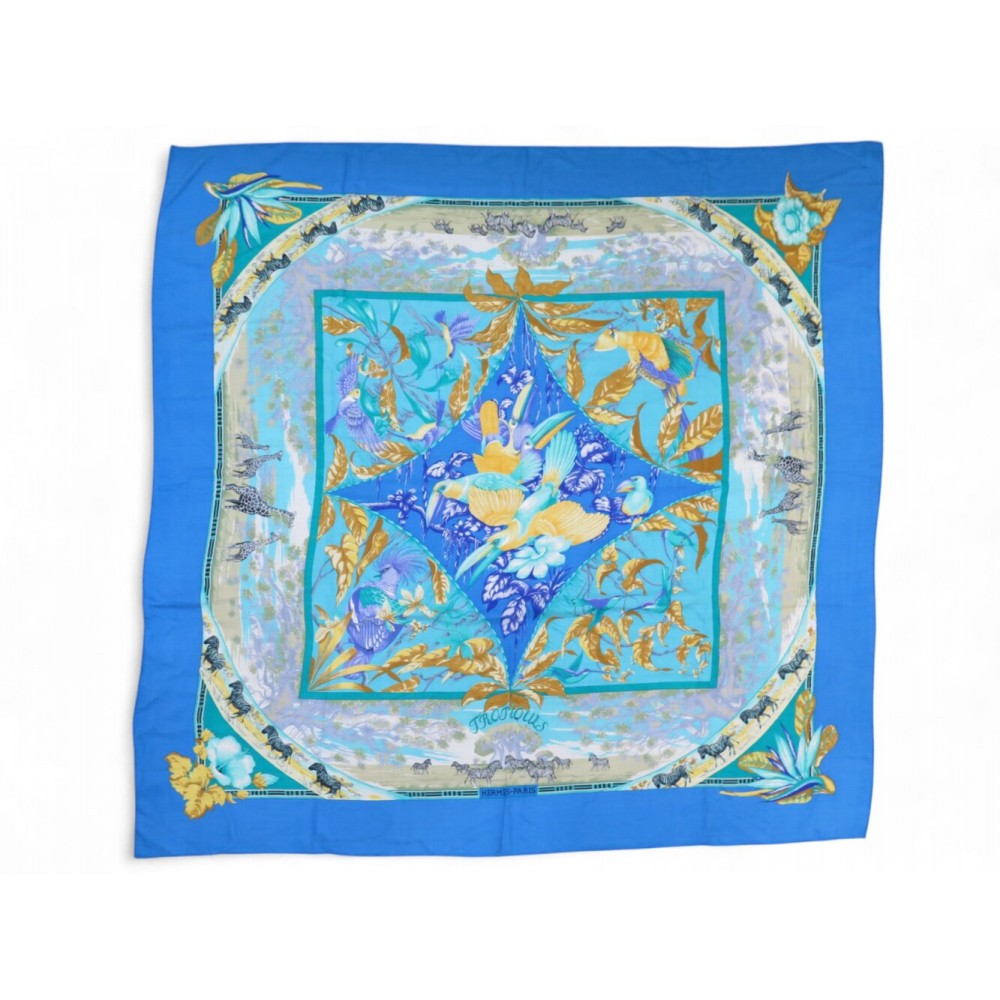 CHALE HERMES TROPIQUES BOURTHOUMIEUX CACHEMIRE ET SOIE BLEU SCARF SHAWL 1260€