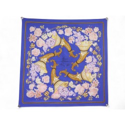 FOULARD HERMES FLEURS & RAISINS VAUZELLES CARRE 90 SOIE BLEU SILK SCARF 530€