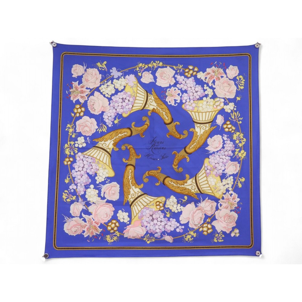 FOULARD HERMES FLEURS & RAISINS VAUZELLES CARRE 90 SOIE BLEU SILK SCARF 530€