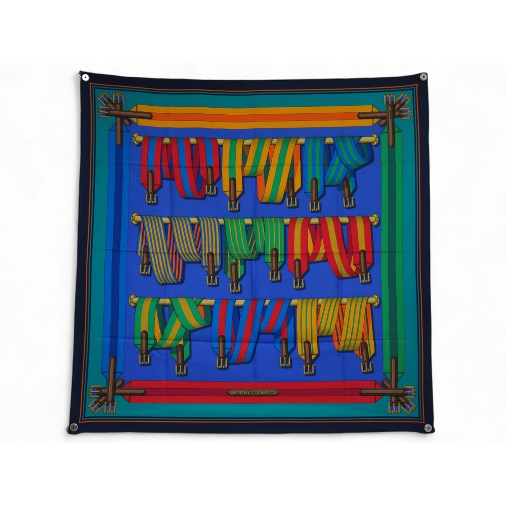 FOULARD HERMES LES SANGLES PAR JOACHIM METZ CARRE 90 SOIE BLEU SILK SCARF 530€