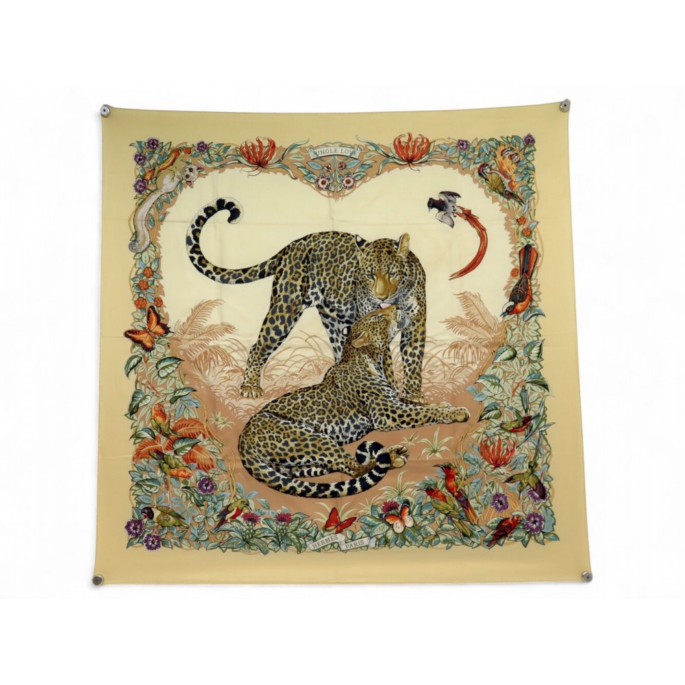 FOULARD HERMES JUNGLE LOVE ROBERT DALLET CARRE 90 EN SOIE JAUNE SILK SCARF 530€