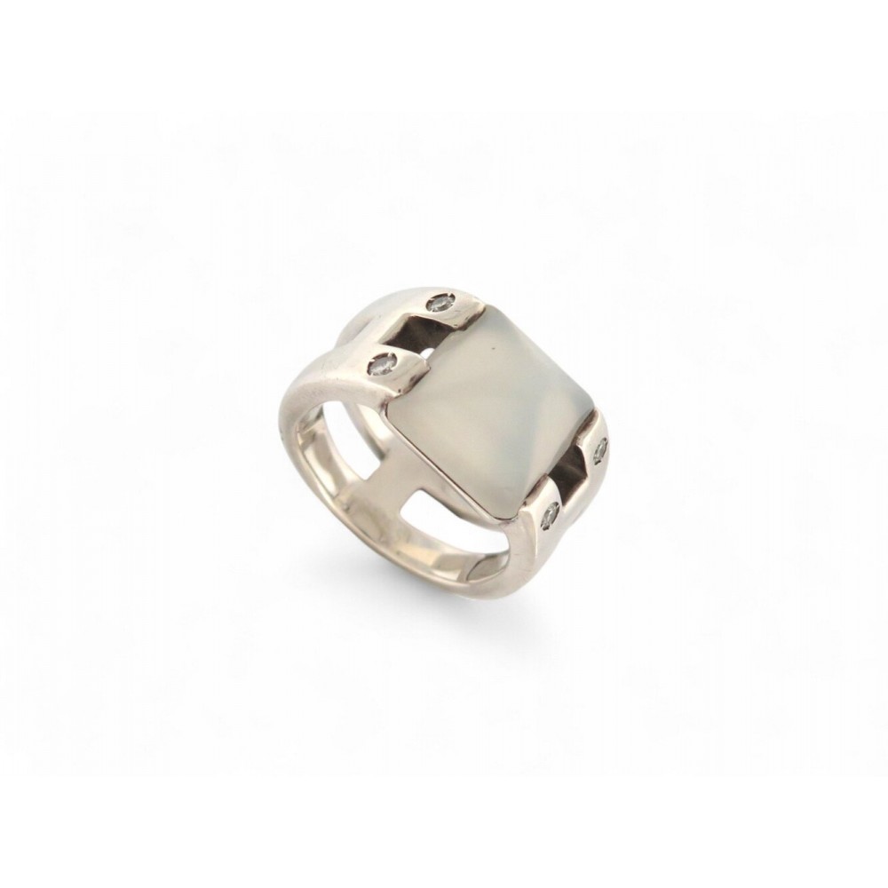 VINTAGE BAGUE HERMES MEDOR PIERRE DE LUNE & 4 DIAMANTS T54 EN ARGENT SILVER RING