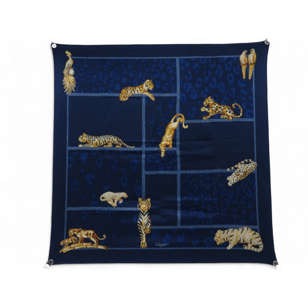 FOULARD CARTIER TIGRES ET PANTHERES CARRE EN SOIE BLEUE MARINE TIGER SCARF 690€