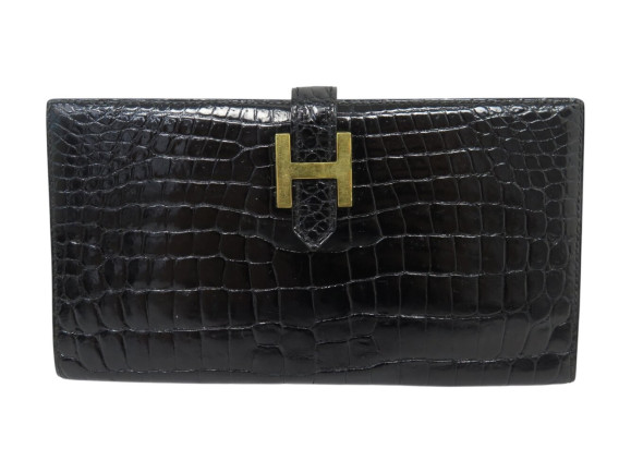 portefeuille hermes bearn en cuir crocodile noir h