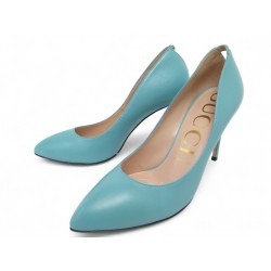 NEUF CHAUSSURES GUCCI ESCARPINS GG 645389 38.5 EN CUIR BLEU LEATHER SHOES 890€