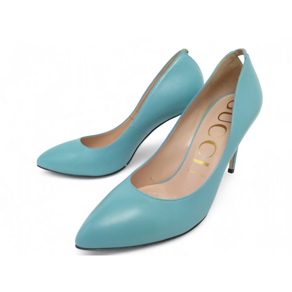 NEUF CHAUSSURES GUCCI ESCARPINS GG 645389 38.5 EN CUIR BLEU LEATHER SHOES 890€