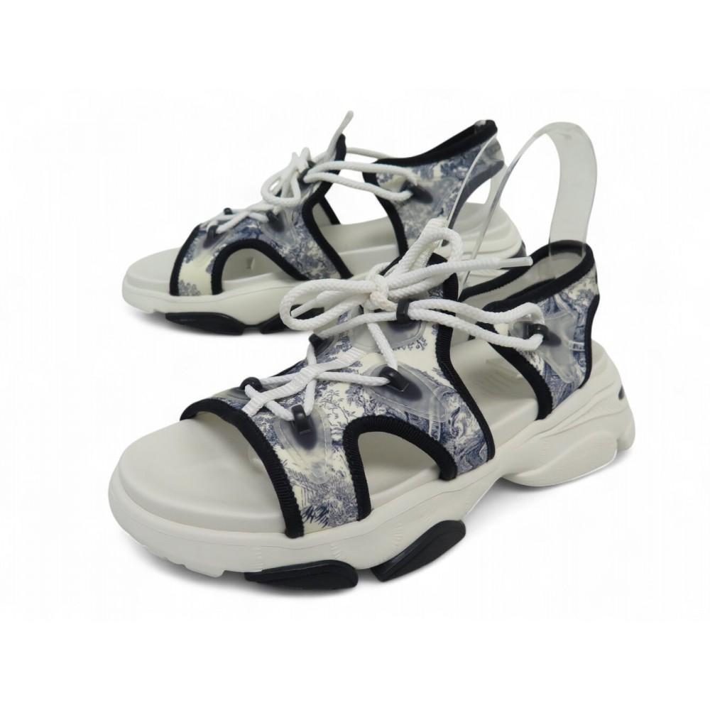 NEUF CHAUSSURES DIOR SANDALES D-CONNECT TOILE JOUY BLANC BLEU 38.5 SHOES 1190€