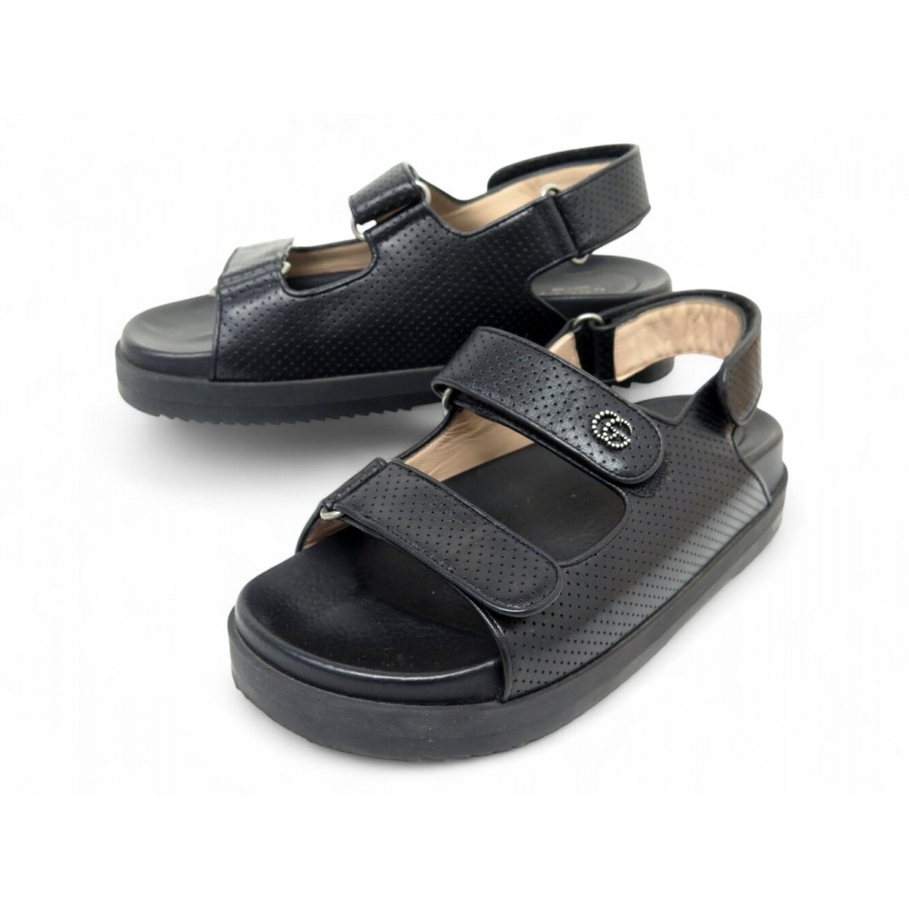 CHAUSSURES GUCCI 658813 SANDALES GG EN CUIR PERFORE NOIR 38 IT 39 FR SHOES 1100€
