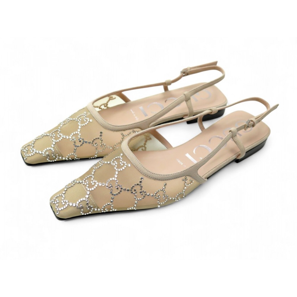 NEUF CHAUSSURES GUCCI GG 762374 CRYSTAL SLINGBACK BALLET FLAT BALLERINES 1390€