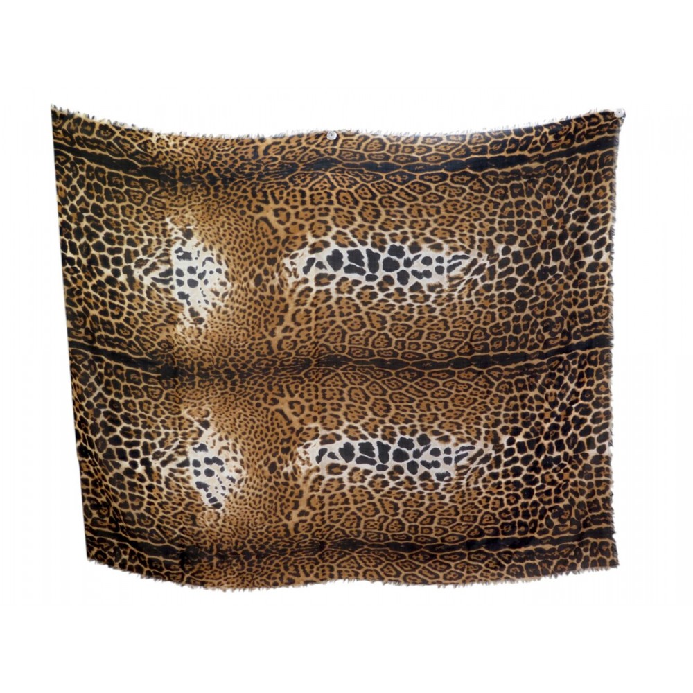 CHALE YVES SAINT LAURENT MOTIFS LEOPARD 180 CM EN SOIE & CACHEMIRE + BOITE SHAWL