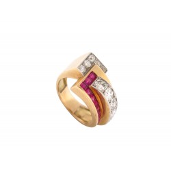 BAGUE TANK ART DECO SERTIE DIAMANTS 1.1CT RUBIS T50 EN OR JAUNE PLATINE 8GR RING