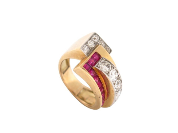 bague tank art deco sertie diamants 1.1ct rubis t50 en