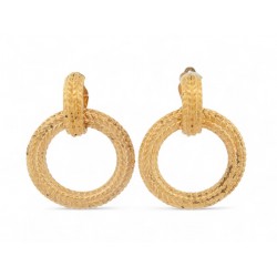 VINTAGE BOUCLES D'OREILLES CHANEL CREOLES 1990 ANNEAUX DORES MOTIF EPIS EARRINGS