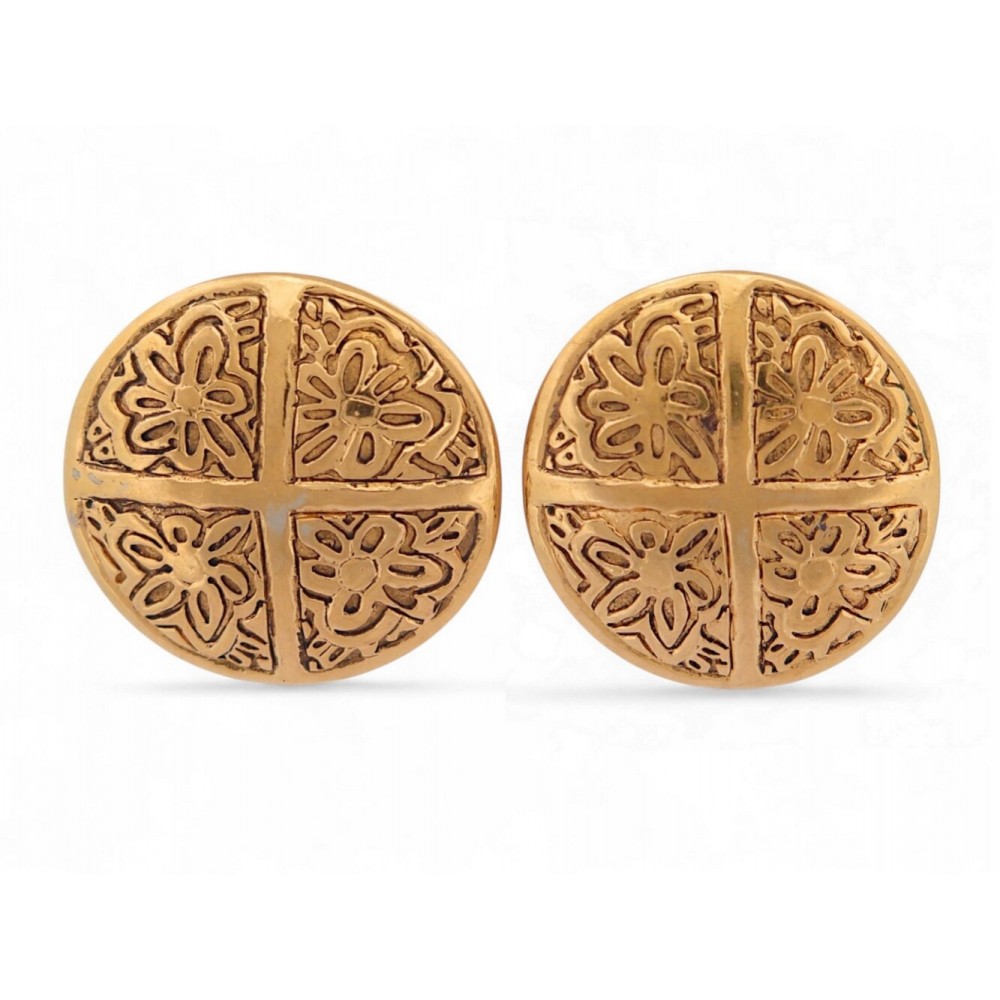 VINTAGE BOUCLES D'OREILLES CHANEL 1990 A CLIPS RONDES MOTIF FLORAL DORE EARRINGS