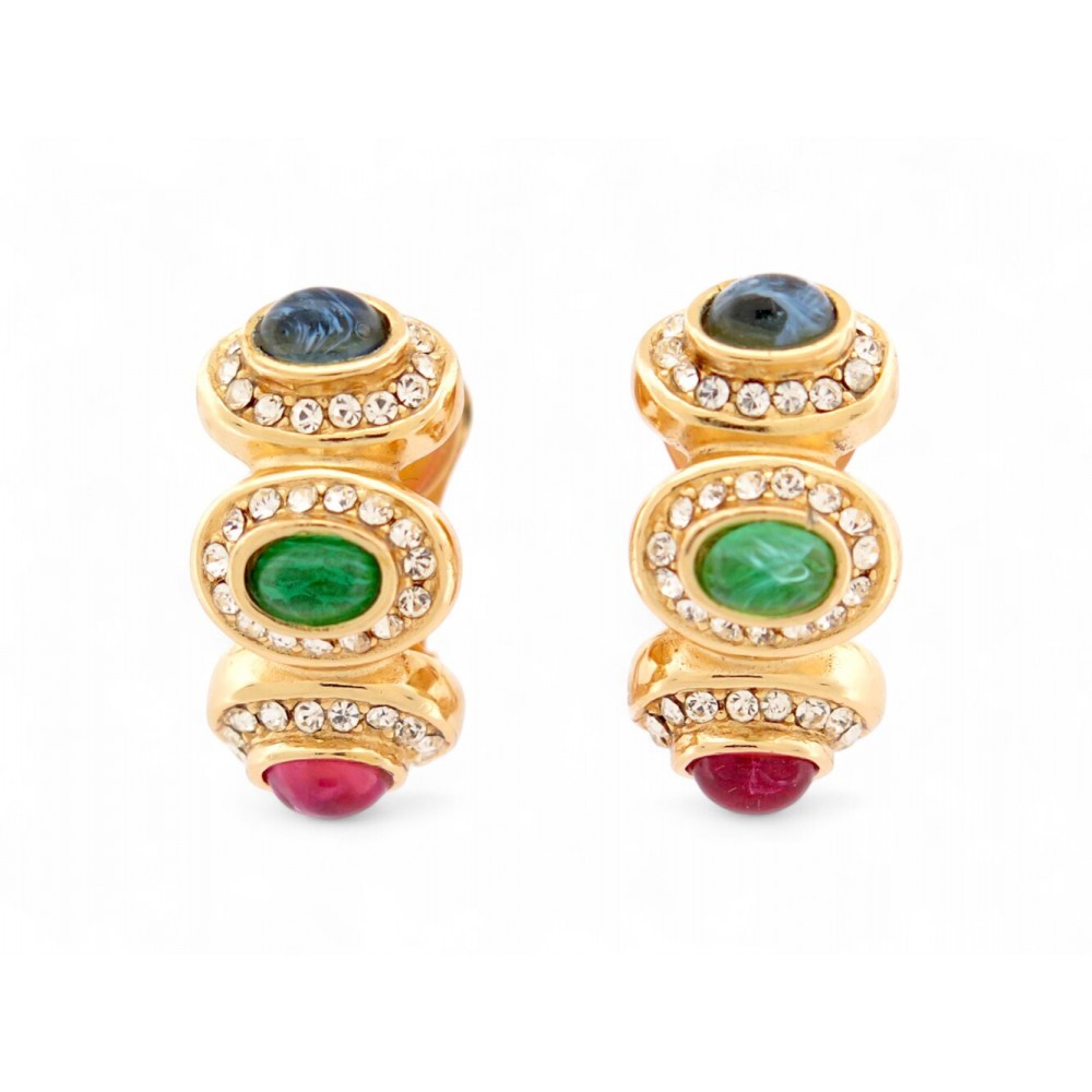 NEUF VINTAGE BOUCLES D'OREILLES CHRISTIAN DIOR 1980 CABOCHONS PIERRES EARRINGS