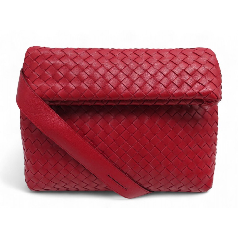 SAC A MAIN BOTTEGA VENETA FLAP LOCK INTRECCIATO CUIR ROUGE BANDOULIERE BAG 1800€