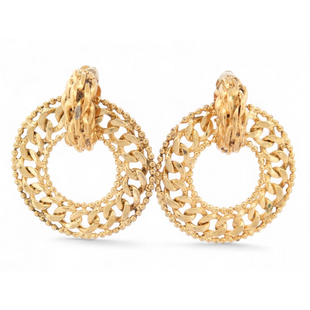 VINTAGE BOUCLES D'OREILLES CHANEL CREOLES 1990 ANNEAUX CHAINE GOURMETTE EARRINGS