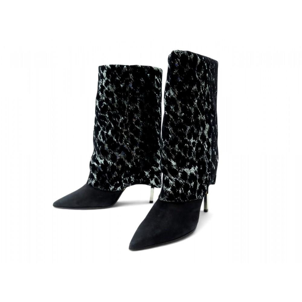CHAUSSURES BOTTINES BALMAIN 37 TALONS DAIM SEQUINS ARGENTES LEOPARD BOOTS 1690€